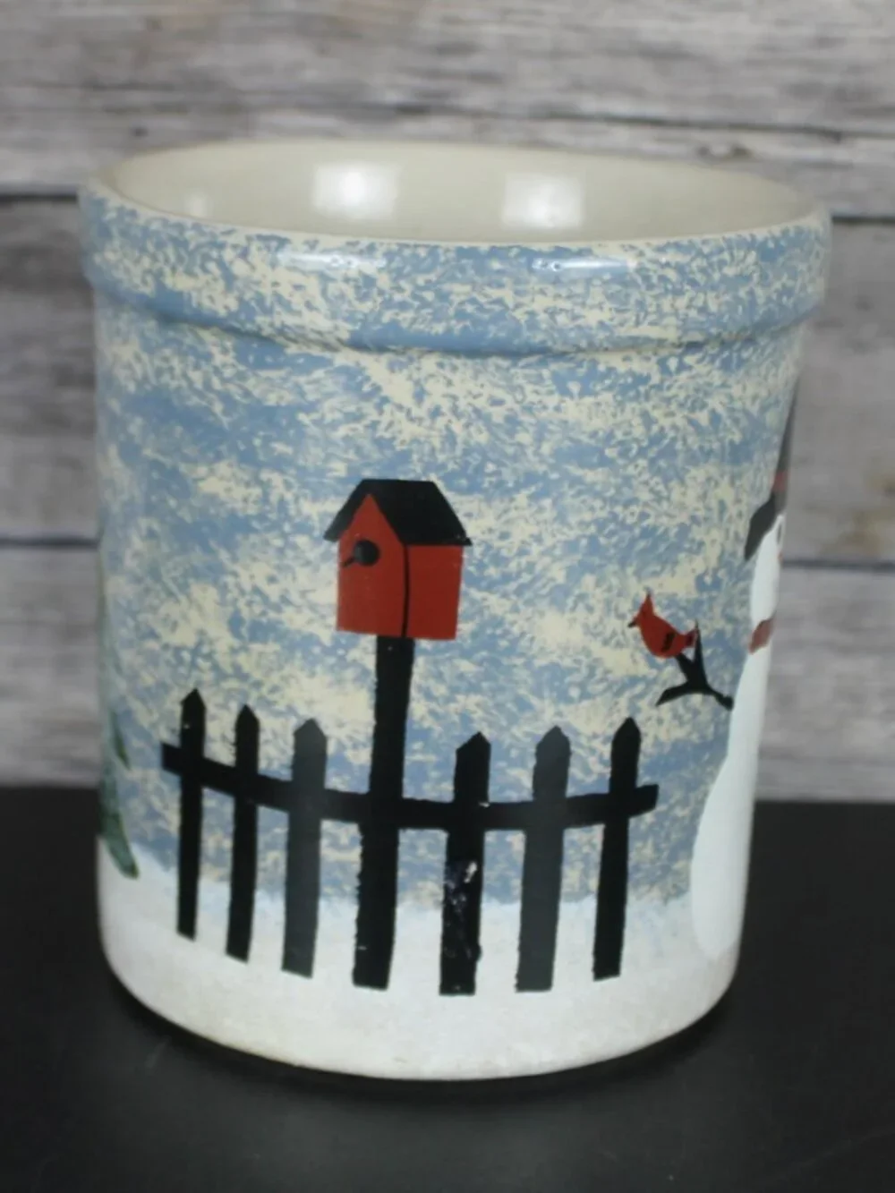 Vintage R.R.P. Co. Roseville Ohio Snowman Stenciled Stoneware Crock Jar 1994